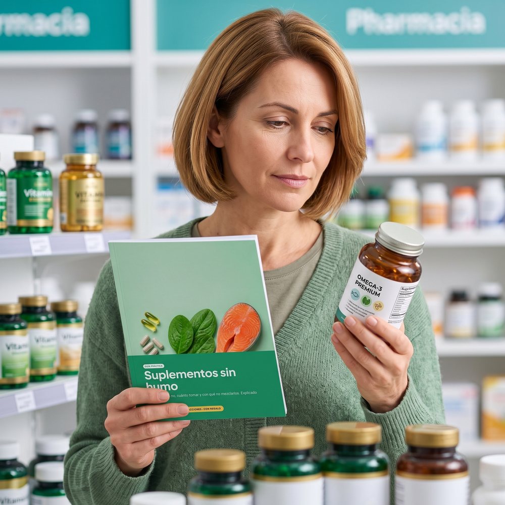 Mujer en una farmacia comparando la etiqueta de un frasco con la guía impresa