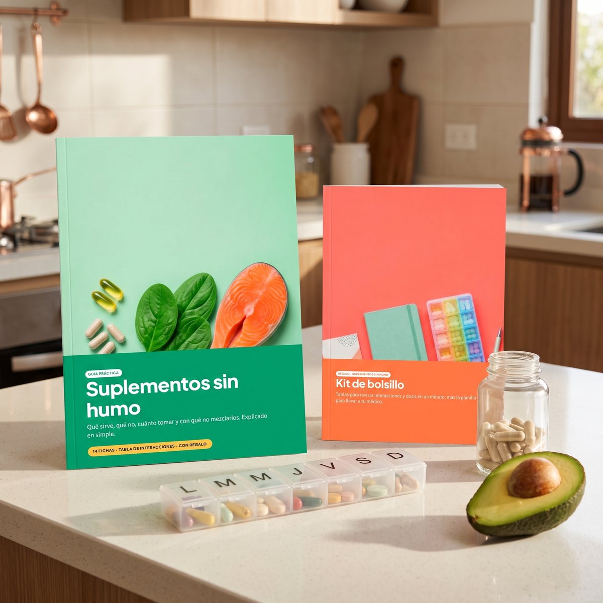 La guía Suplementos sin humo y el kit de bolsillo impresos sobre el mesón de una cocina